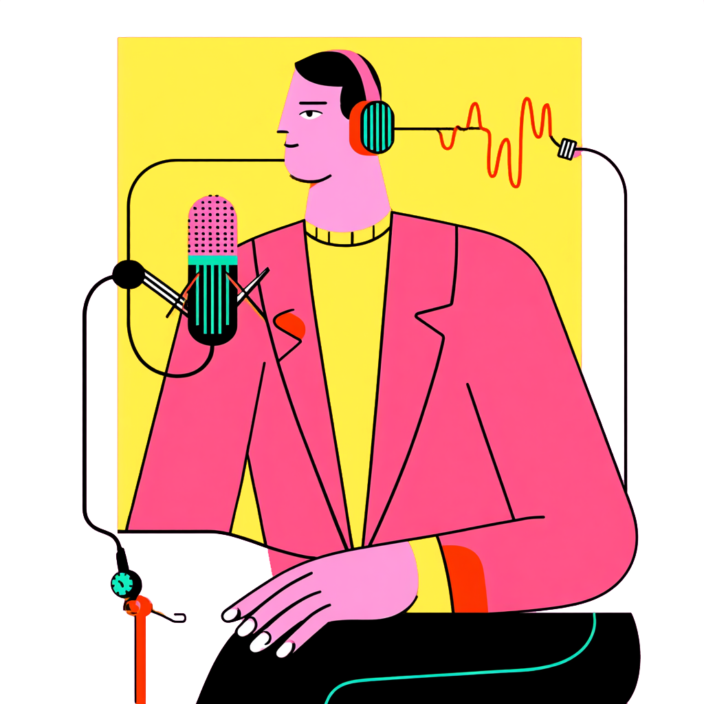 Ilustracja mężczyzny w słuchawkach przy mikrofonie